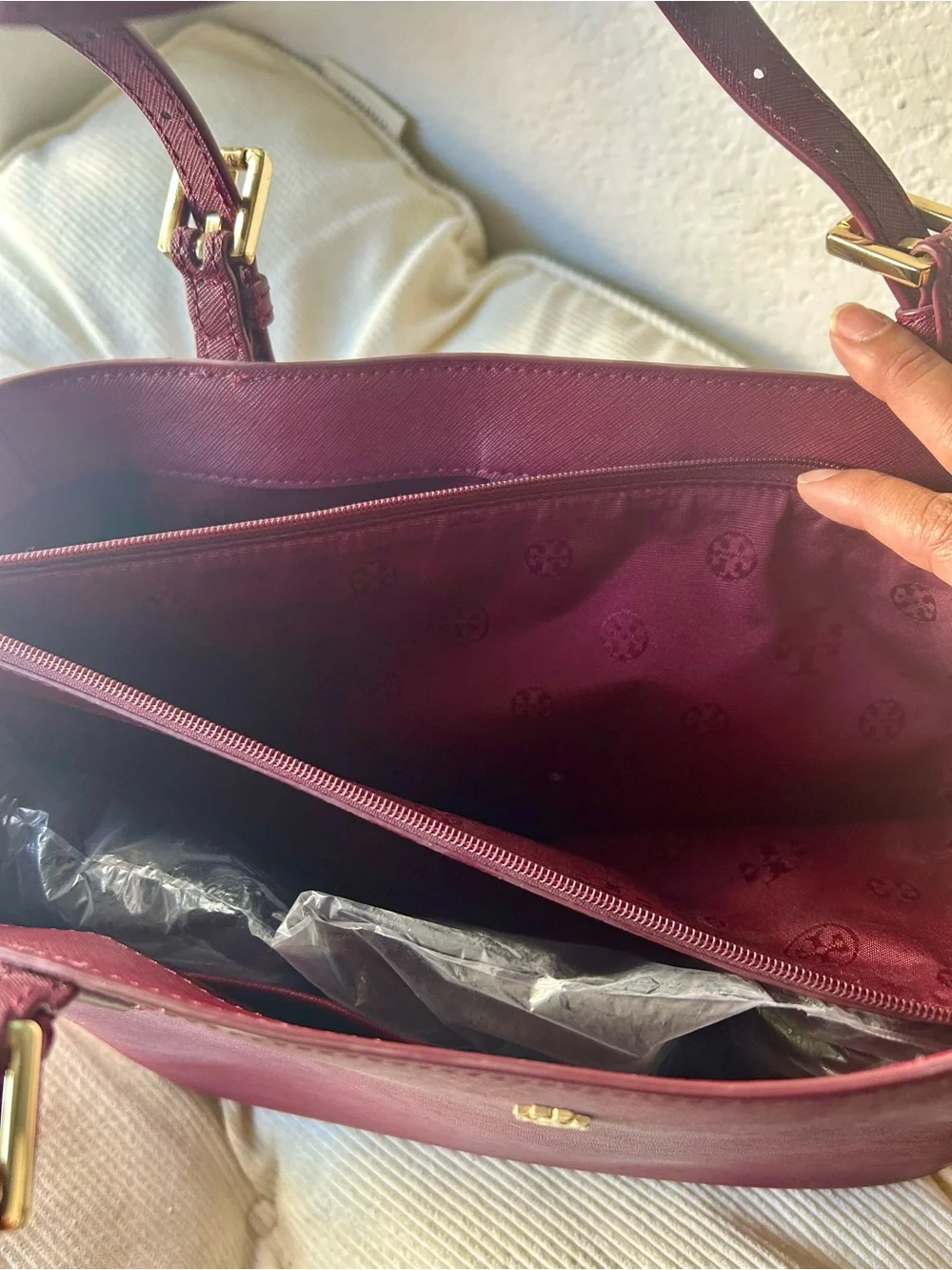 Tory Burch Saffiano Leather Tote Bag Burgundy with Gold Hardware